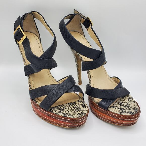 Colin Stuart Leather Cross Strap Faux Snakeskin Stacked Platform Heel Sandal - Picture 1 of 10